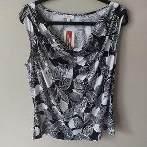 Laura Plus Black White Sleevless Top With Cowl Neckline Floral Leaf Print Sz 1X